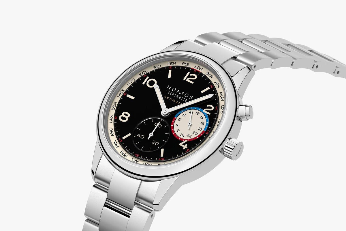 NOMOS Glashütte Club Sport Neomatik Worldtimer Dark 40mm 793 dial closeup side view