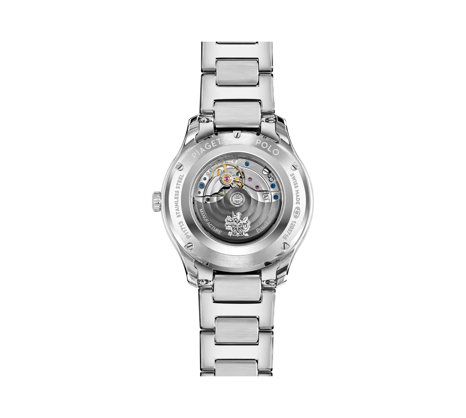 Back View Of Piaget Polo Signature Date Watch With Diamond Bezels.