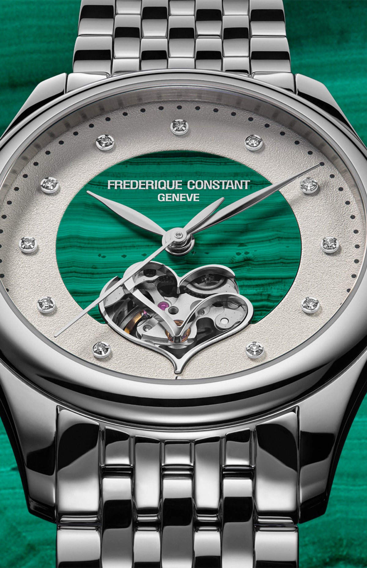 Frederique Constant Classics Ladies Double Heart Beat Green Malachite 36mm FC313MAD3B6B dial closeup product shot
