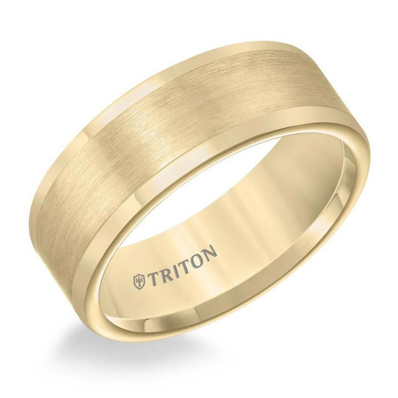 Tilted View of Roll Edge Satin Finish Flat Center Wedding Band.