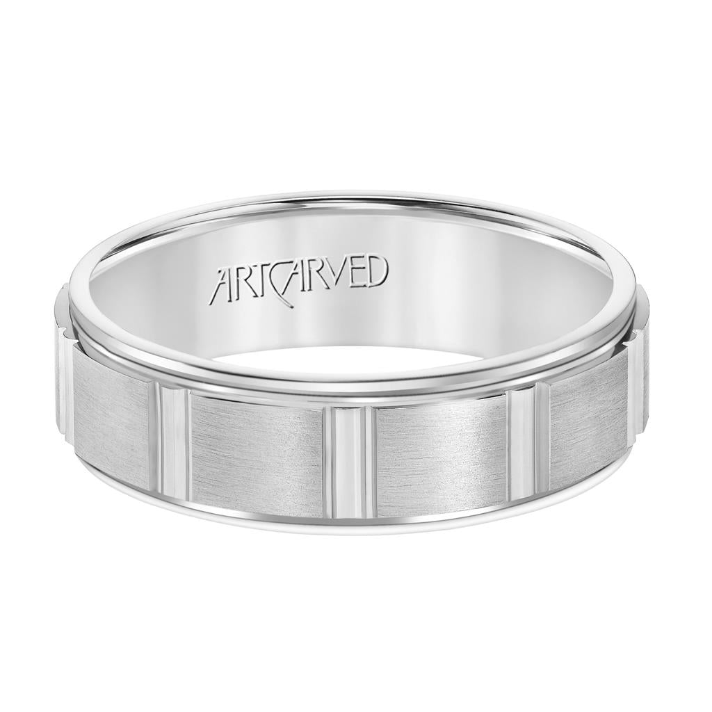 Comfort Fit wedding band with geometric design, brushed finish and rolled edges.