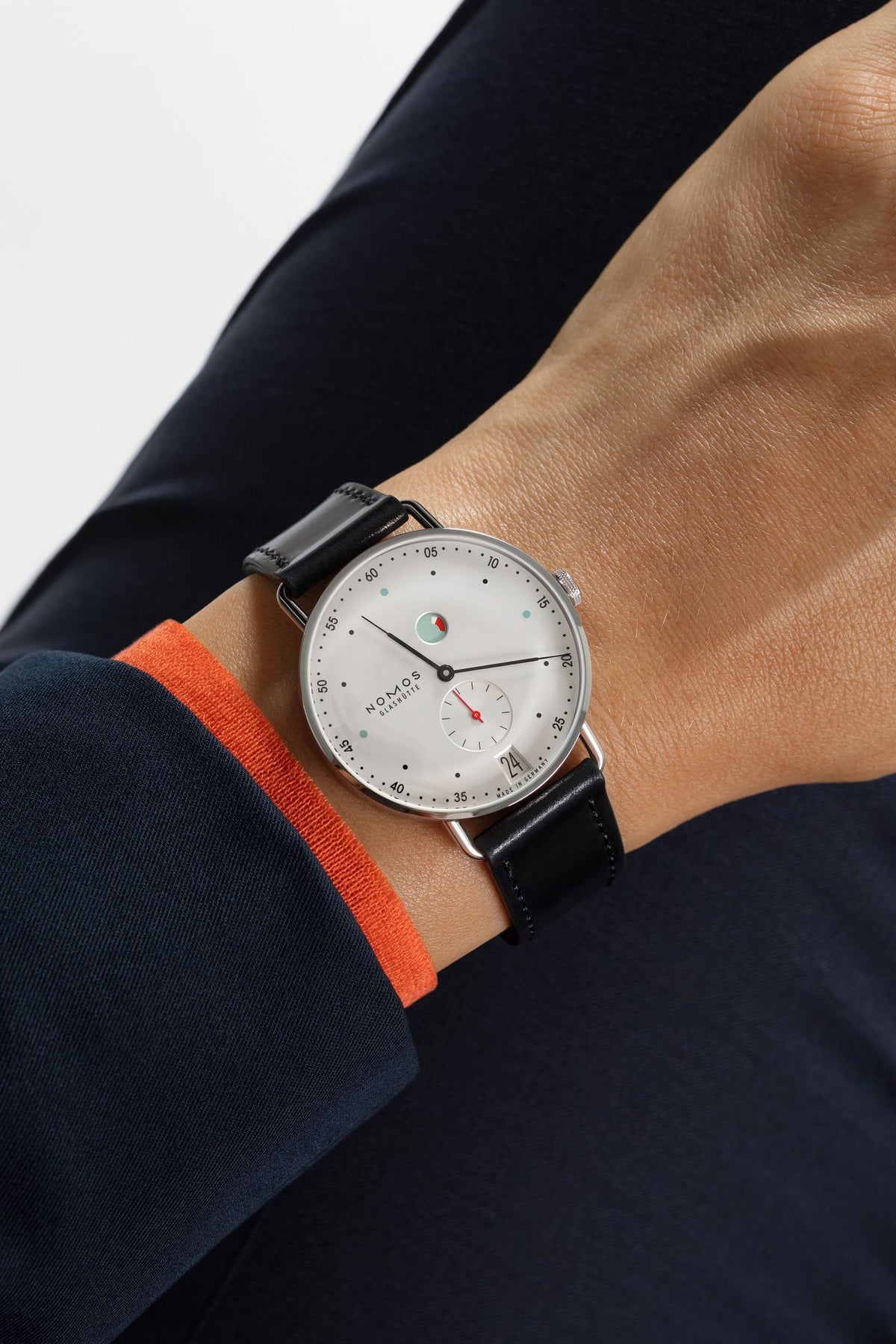 NOMOS Glashütte Metro Date Power Reserve White 37mm 1101 model wrist shot