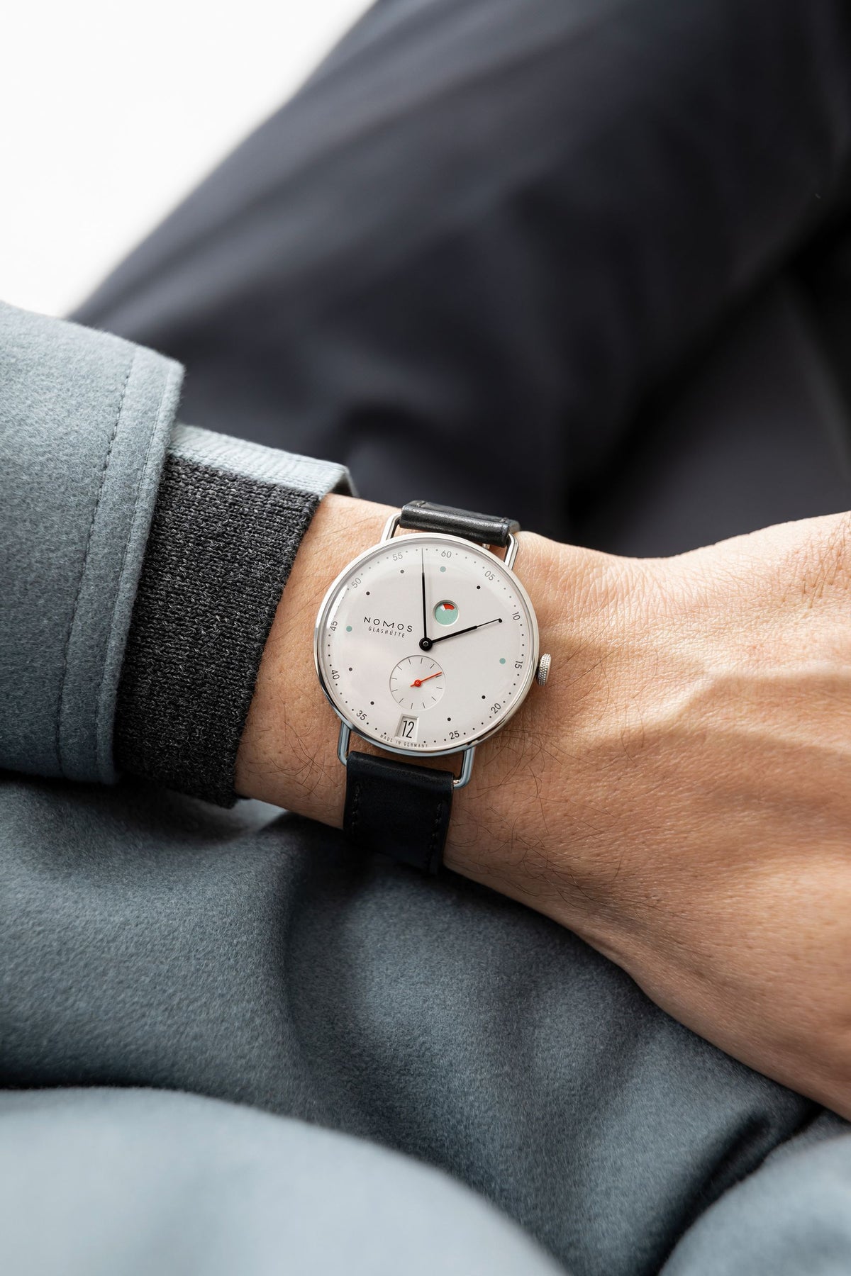 NOMOS Glashütte Metro Date Power Reserve White 37mm 1101 model wrist shot 2