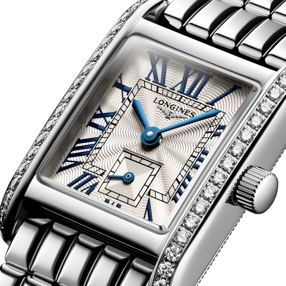 Longines Elegance Mini Dolcevita Silver "Flinqué" with Diamonds 21x29mm L52000716 dial closeup