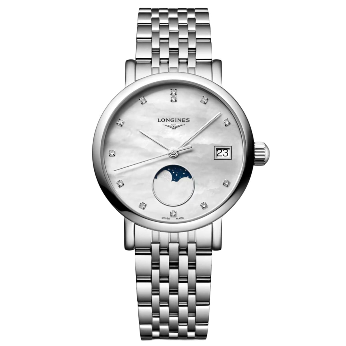 Longines Elegant Collection Moonphase with Diamonds 30mm L43304876 front view