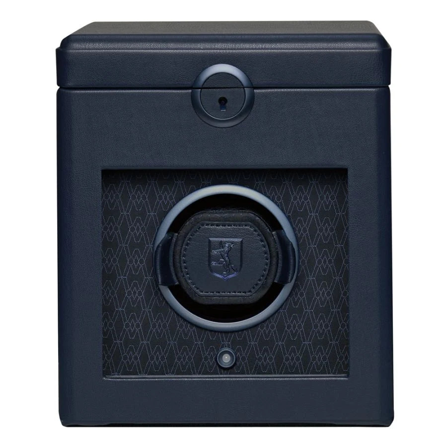 Front View Of Wolf Earth Single Watch Winder Blue Leather.