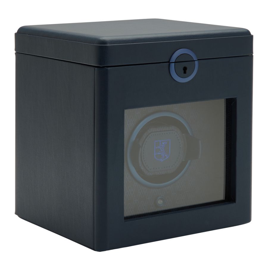 Side View Of Wolf Earth Single Watch Winder Blue Leather.