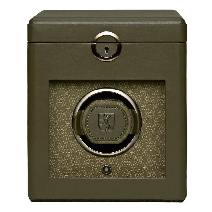 Front View Of Wolf Earth Single Watch Winder Green Leather.