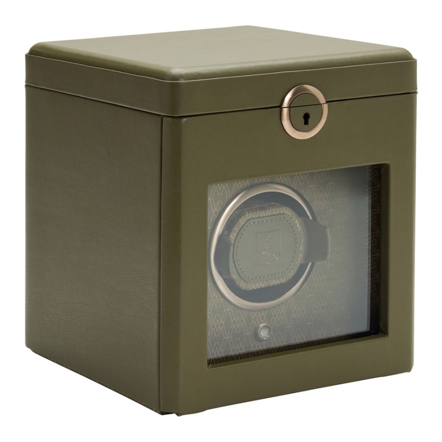 Side View Of Wolf Earth Single Watch Winder Green Leather.