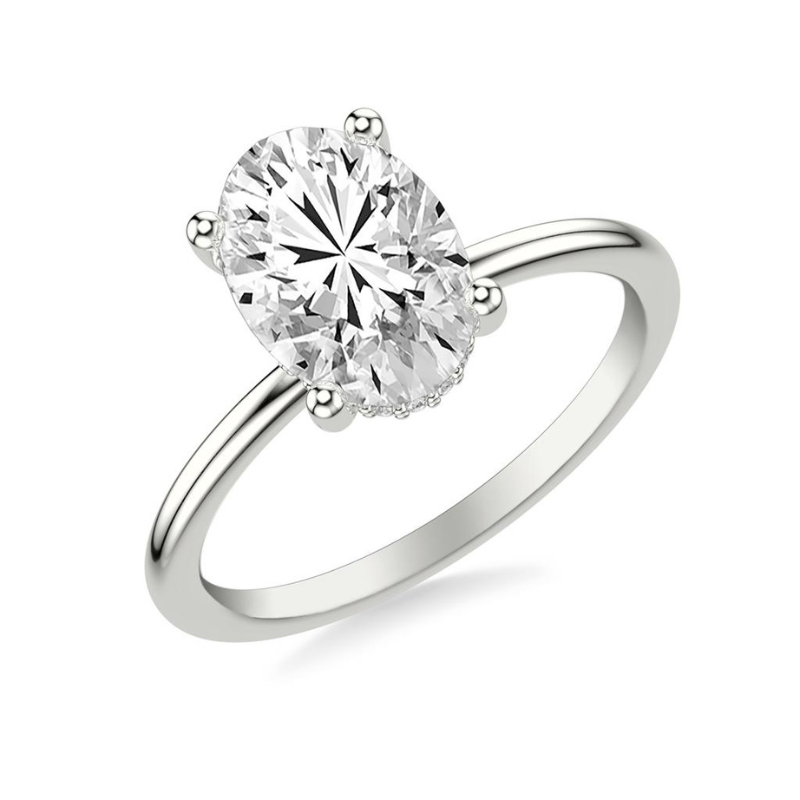 Tilted View Of Oval Engagement Ring with Hidden Halo.