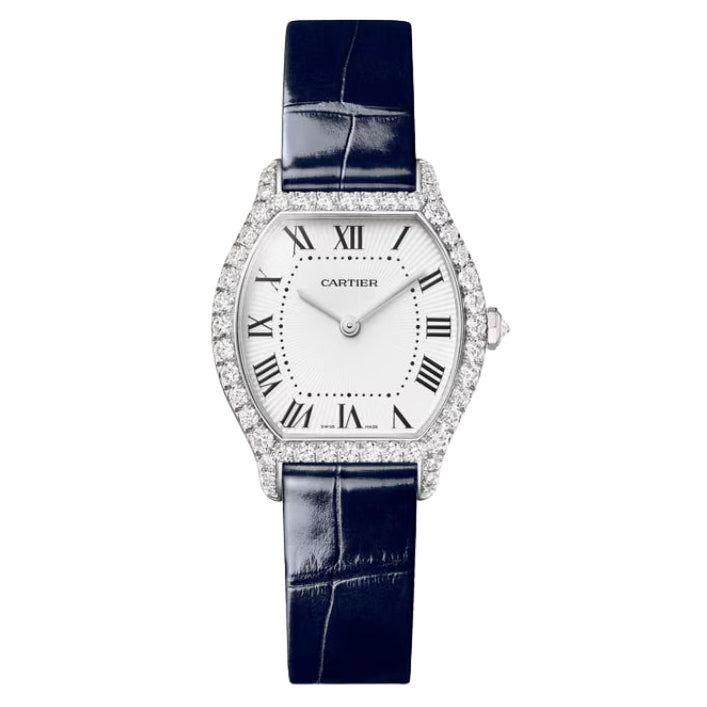 Front view of luxury cartier watch with blue straps