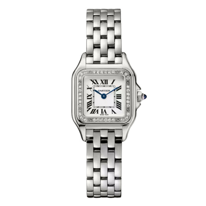 Front view of silver Cartier watch with diamonds.