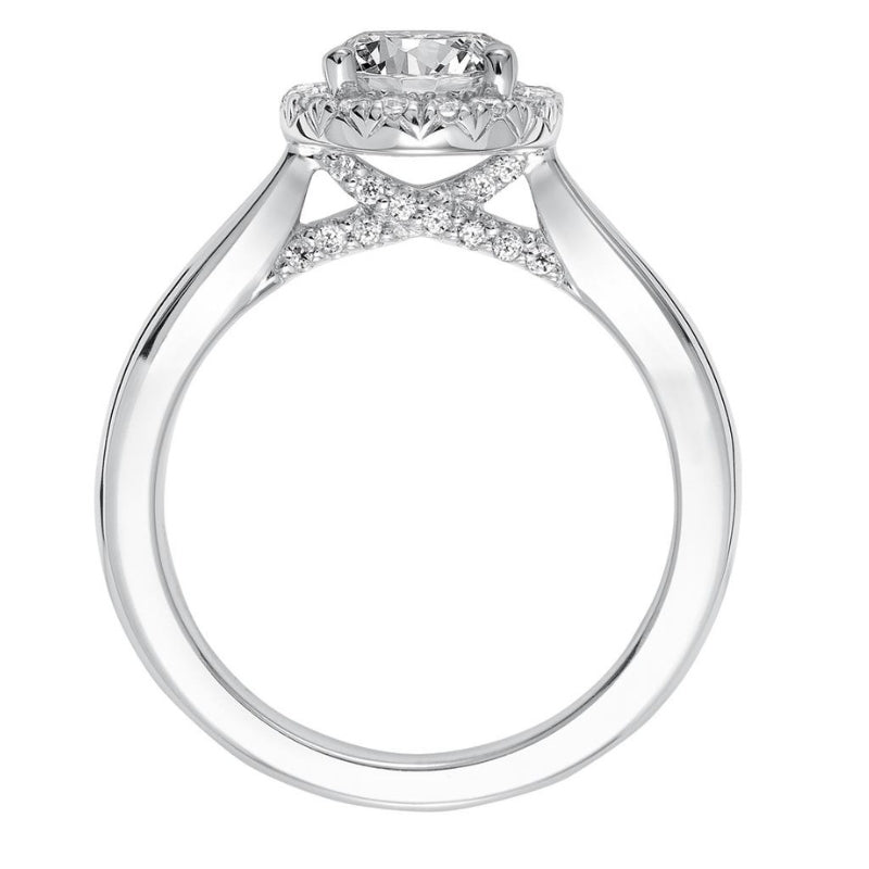 Side View Of Classic Diamond Halo Engagement ring.