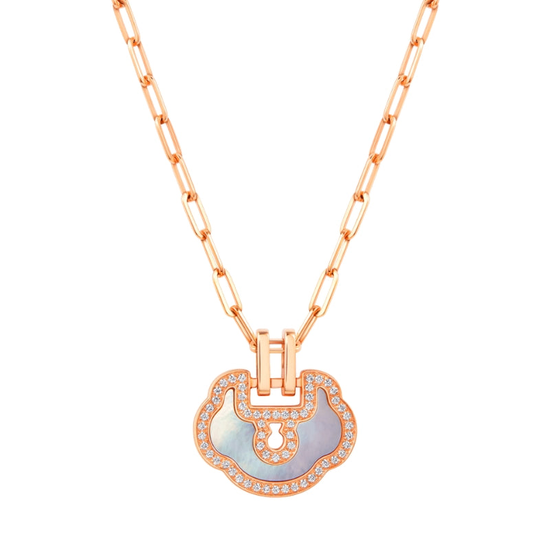 View Of Qeelin Yu Yi medium necklace 18K rose gold set mother-of-pearl diamonds.