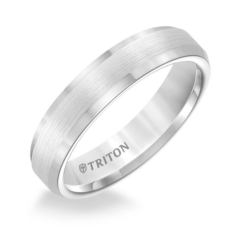 Tilted View Of Bevel Edge Bright Finish Classic Wedding Band.