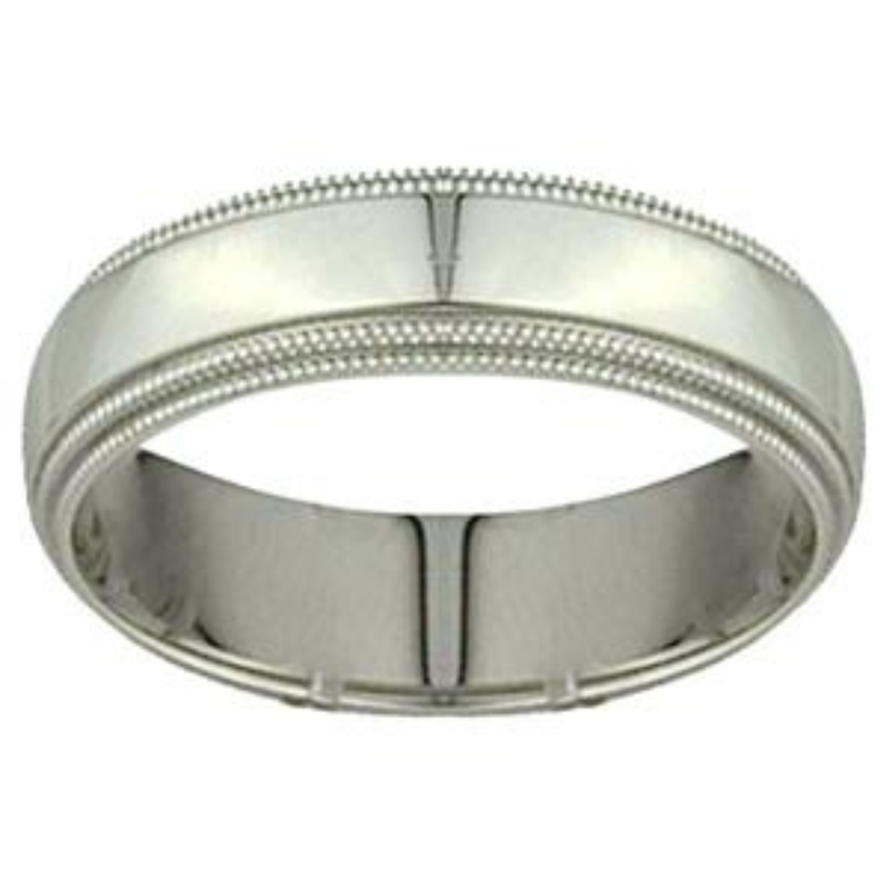 Front View Of Low Dome Milgrain Edge Carved Wedding Band.