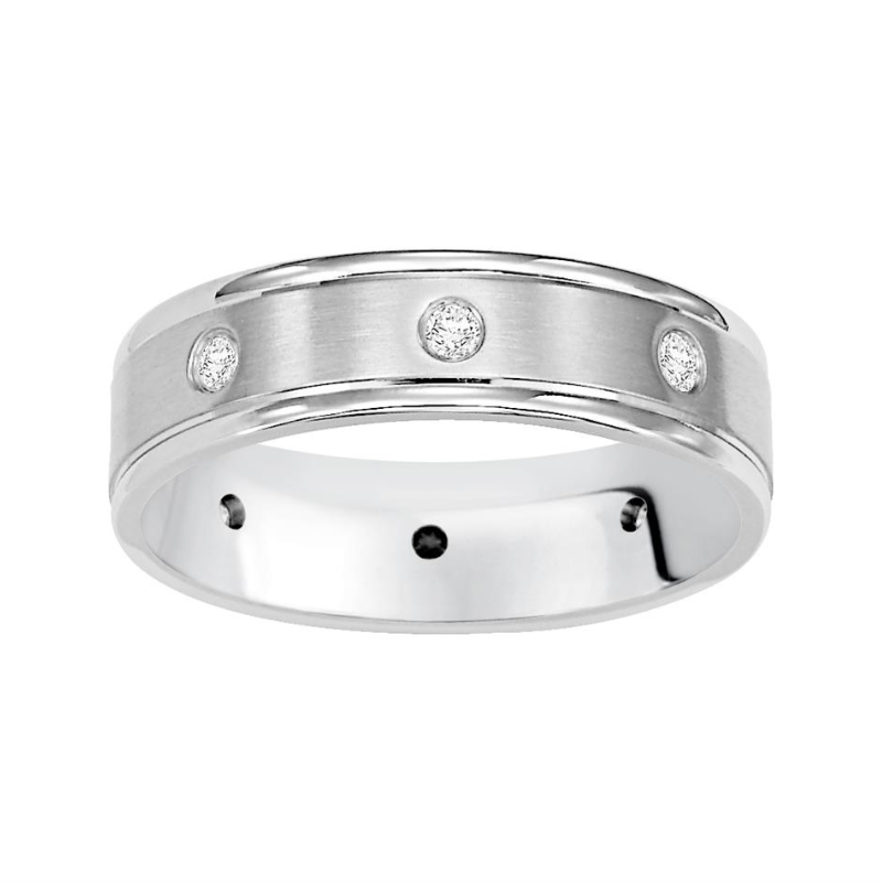 Font View Of Flat Round Edge Carved Wedding Band.