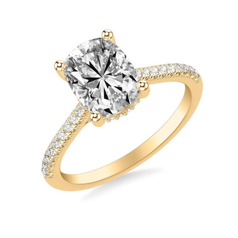 Tilted View Of Oval Classic Cathedral Setting Engagement Ring with Hidden Halo.