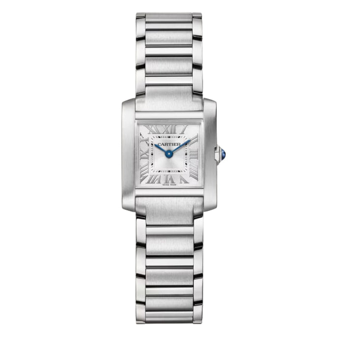 Front view of silver Cartier watch on bracelet.