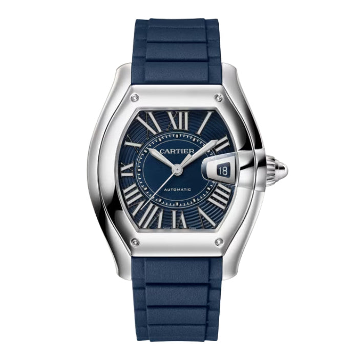 Front View Of Cartier Roadster Steel Watch With Rubber Strap.