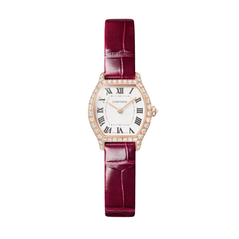 Front view of Tortue Cartier watch with rose gold diamond bezel.