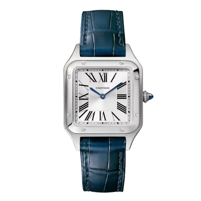 Front view of Cartier watch with blue strap.