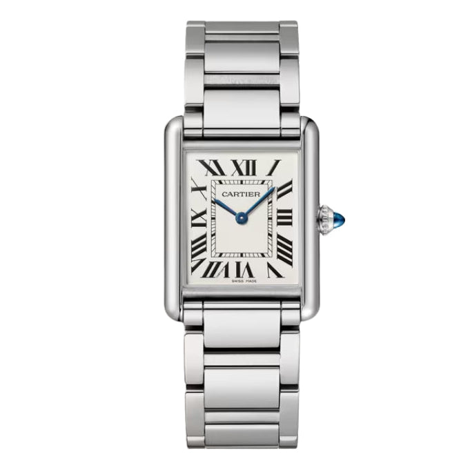 Front view of silver watch on white background.