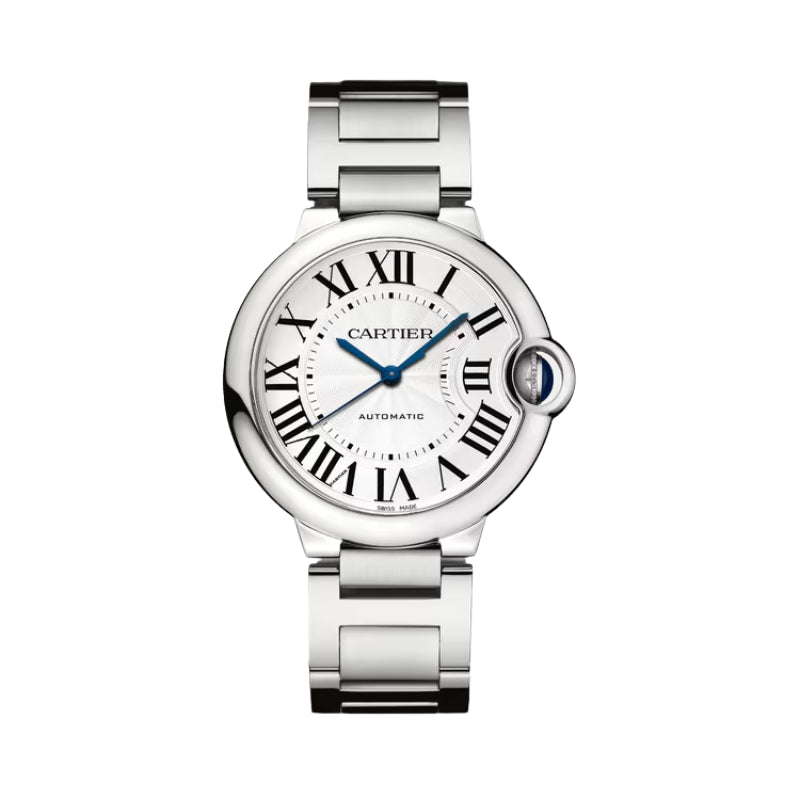Front view of Cartier Ballon Bleu steel watch.