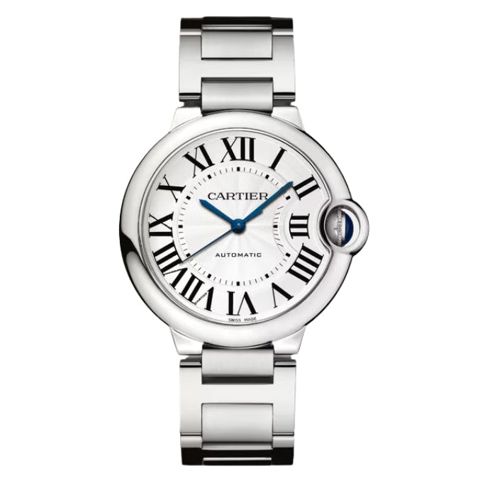 Front view of Cartier Ballon Bleu steel watch.