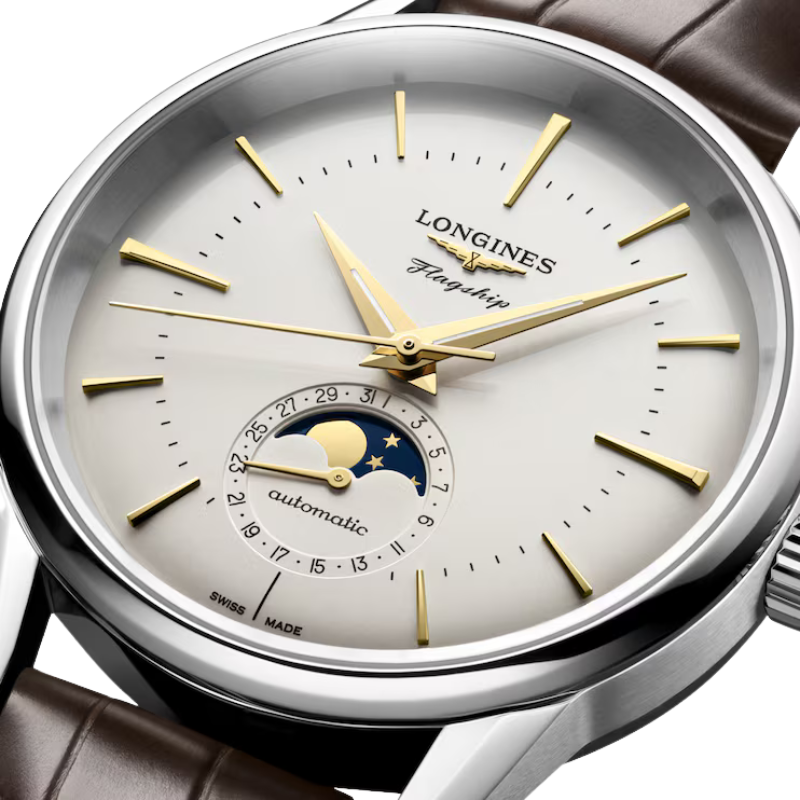 Front Side Close View Of Longines Flagship Heritage Moonphase 38.5mm.