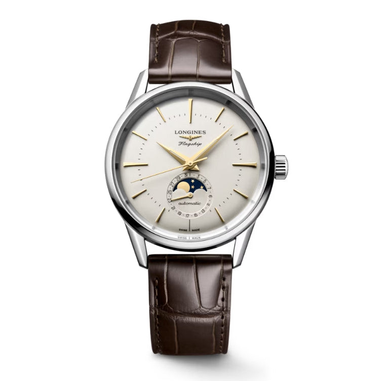 Front View Of Longines Flagship Heritage Moonphase 38.5mm.