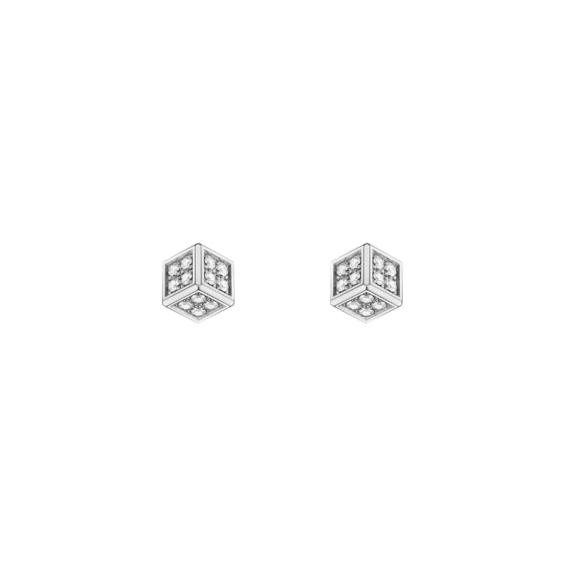 Front View Of Chopard Ice Cube Be Cube Earrings, ethical white gold, diamonds.