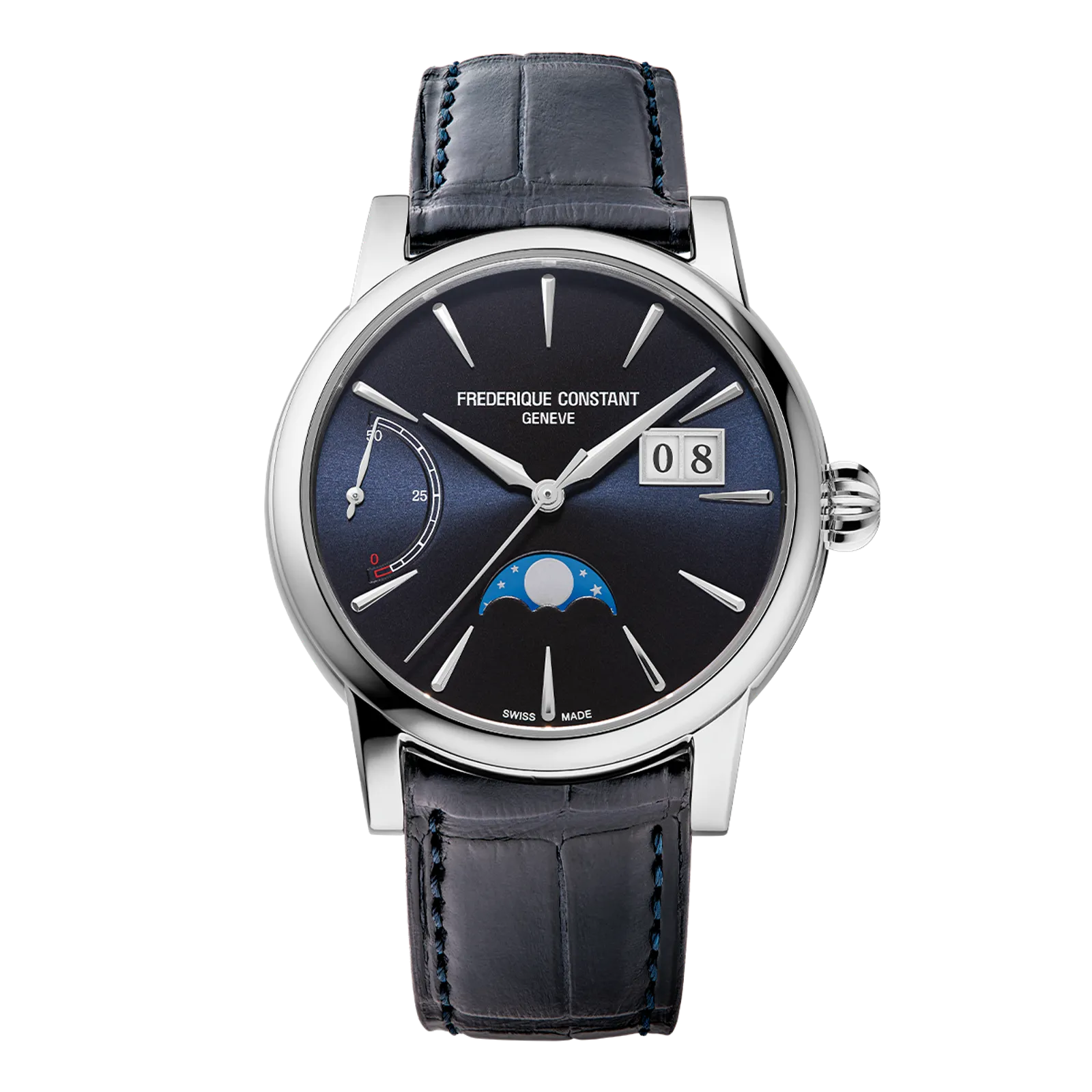 Frederique Constant Classic Power Reserve Big Date, blue sunray dial, navy alligator strap.