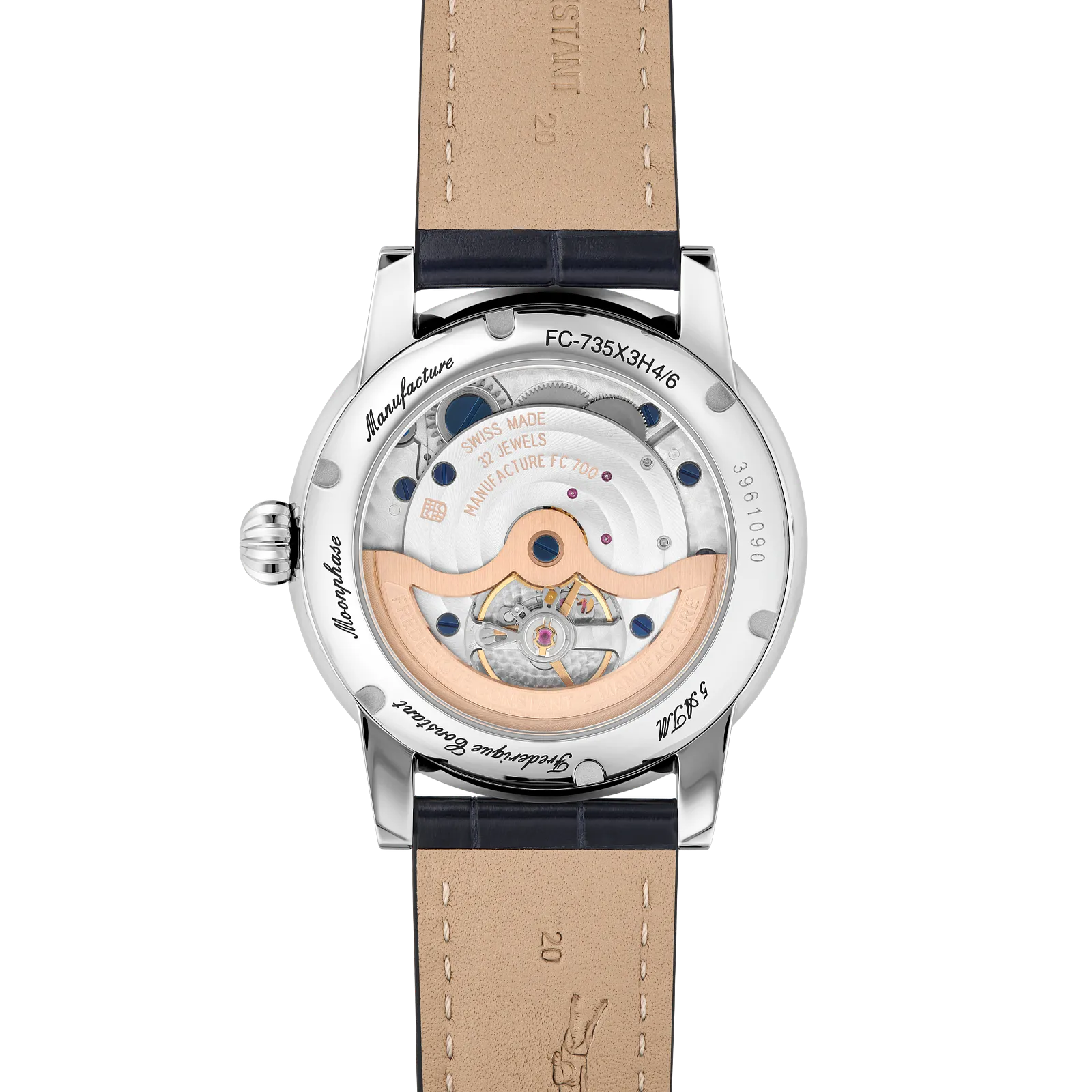 Close-up of the watch's exhibition case back revealing the intricate automatic movement and rotor.