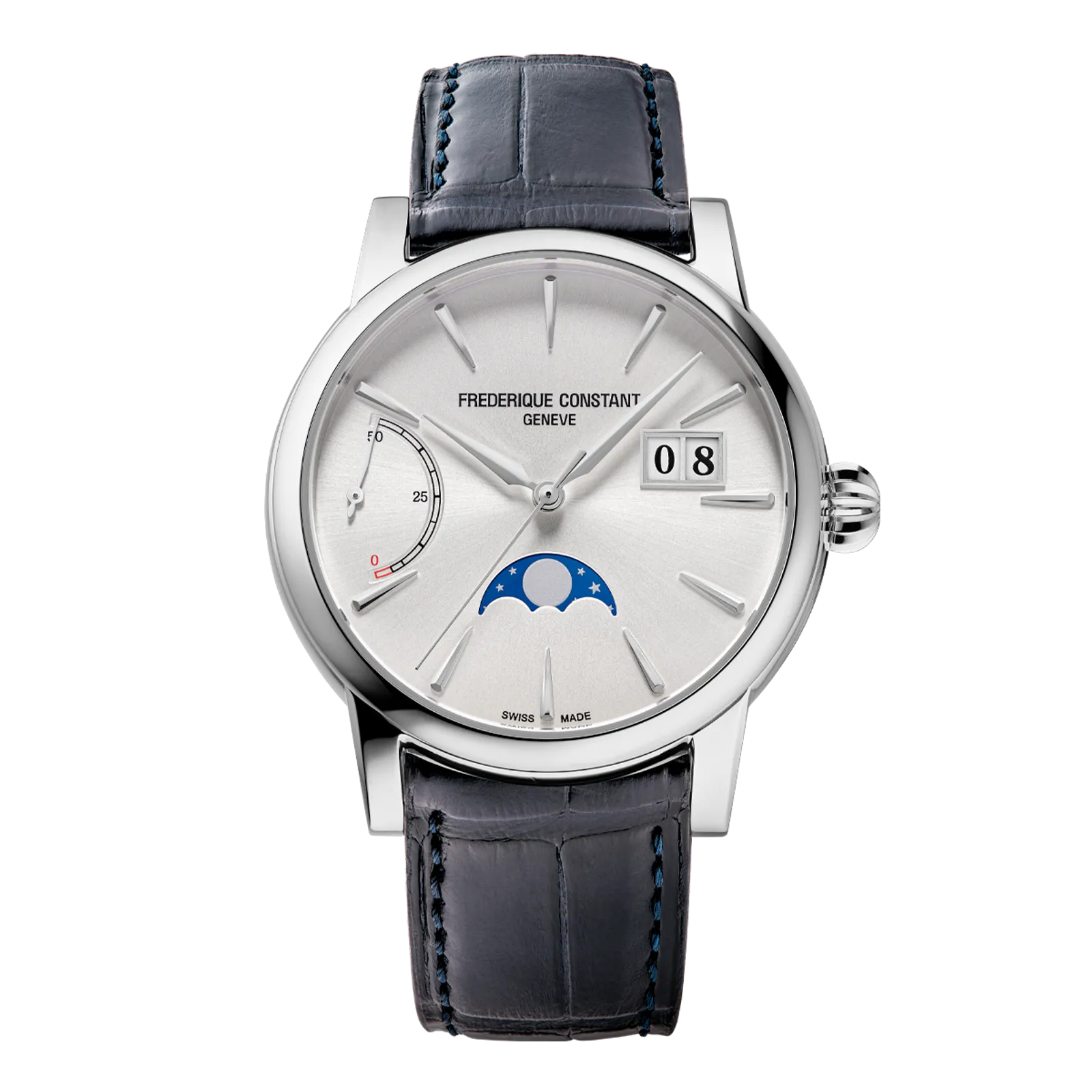 Front view of a Frederique Constant moonphase watch with a silver dial and navy strap.
