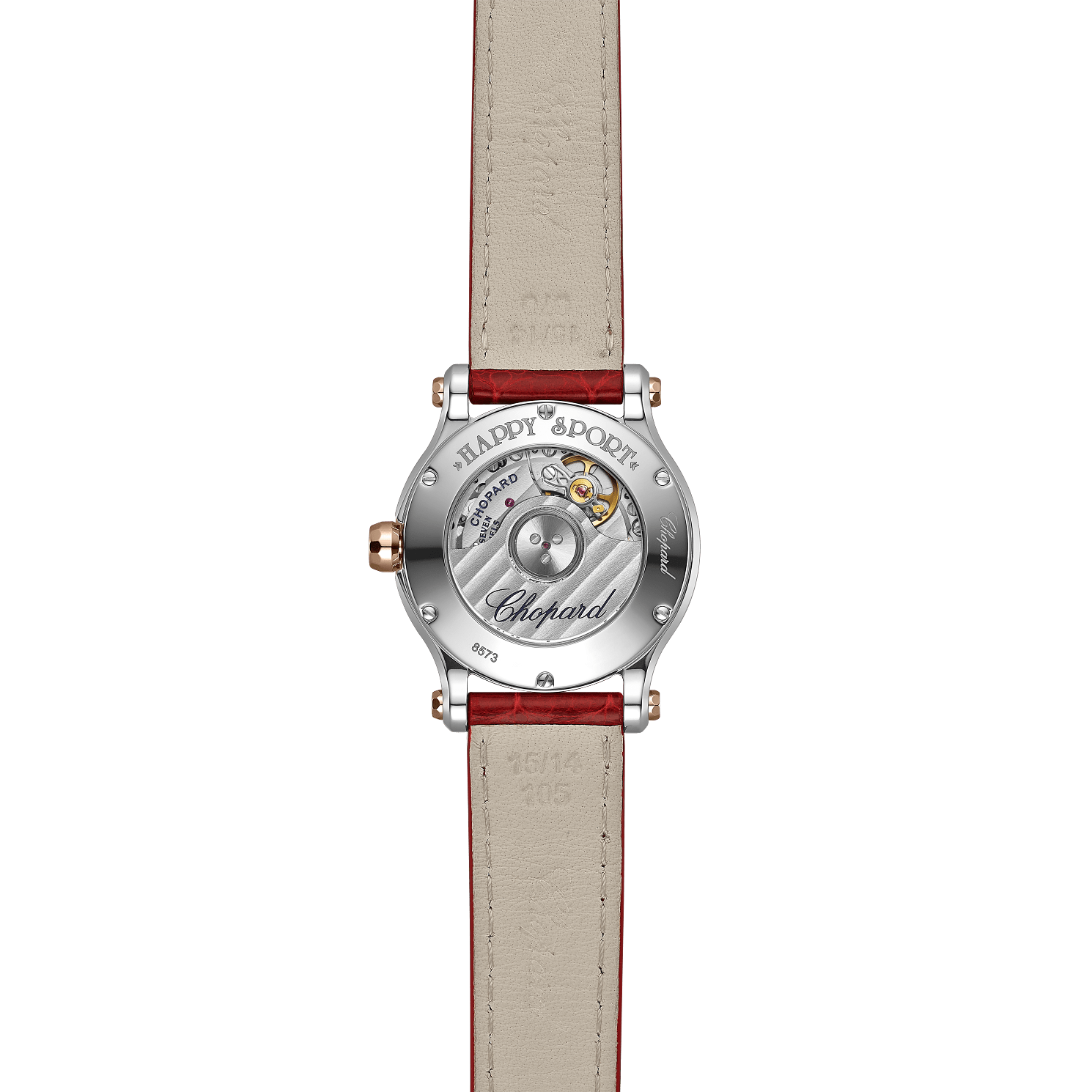 Happy Sport 33mm Automatic Steel and 18K Rose Gold Diamond and Rubies see through caseback