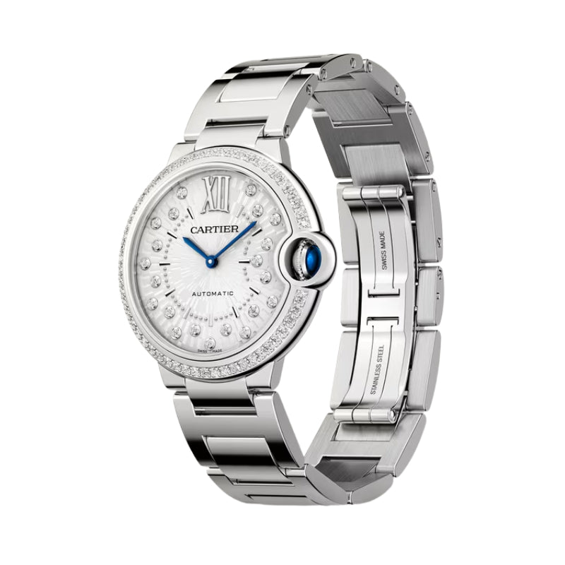 Three quarter view of silver diamond Cartier watch.