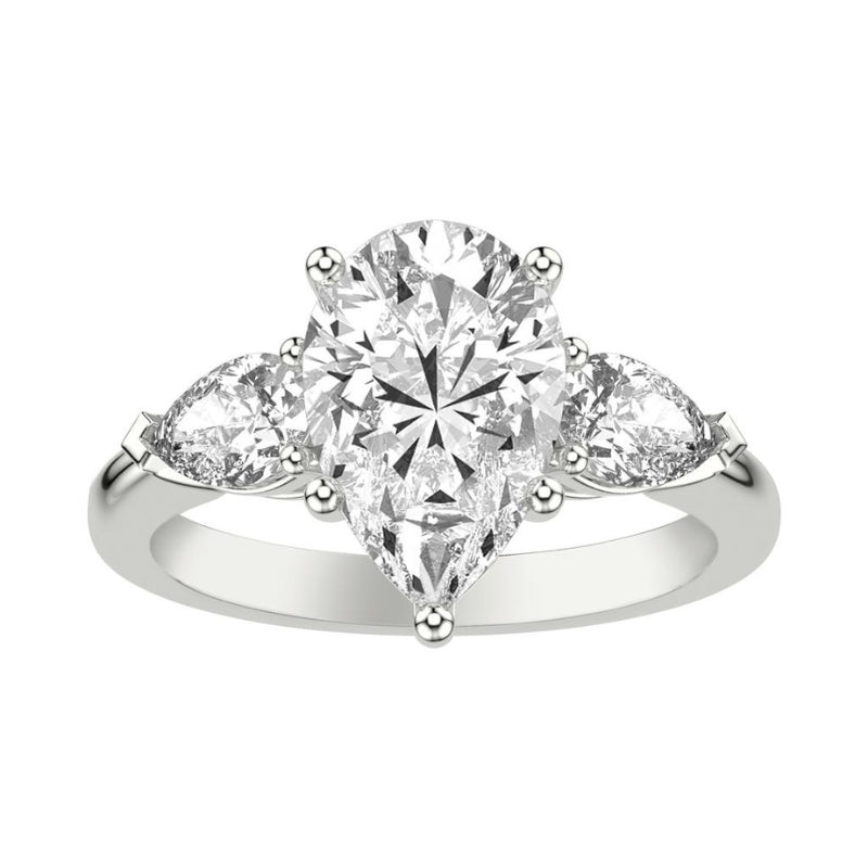 Front View Of Pear Three-Stone Engagement Ring with 1/2 CTW Pear Sides.