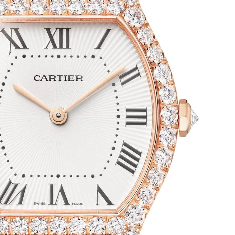 Dial view of Cartier Tortue Watch With Roman numerals.