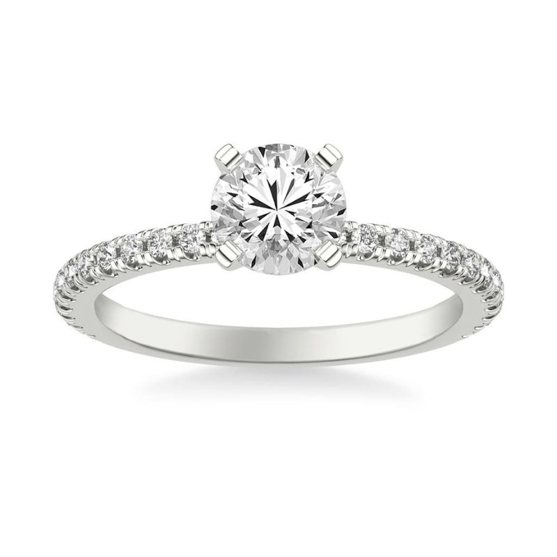 Front View Of Round Classic Engagement Ring with Diamonds.