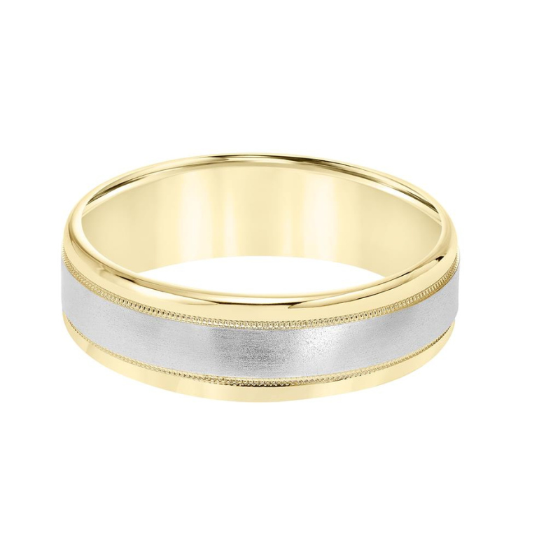 Full View Of Flat Round Edge Carved Wedding Band.