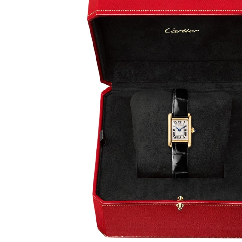 Luxury Cartier watch displayed in a red box.
