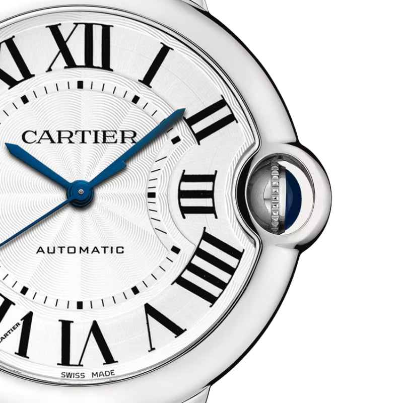 Close up of Cartier silver guilloche watch dial.
