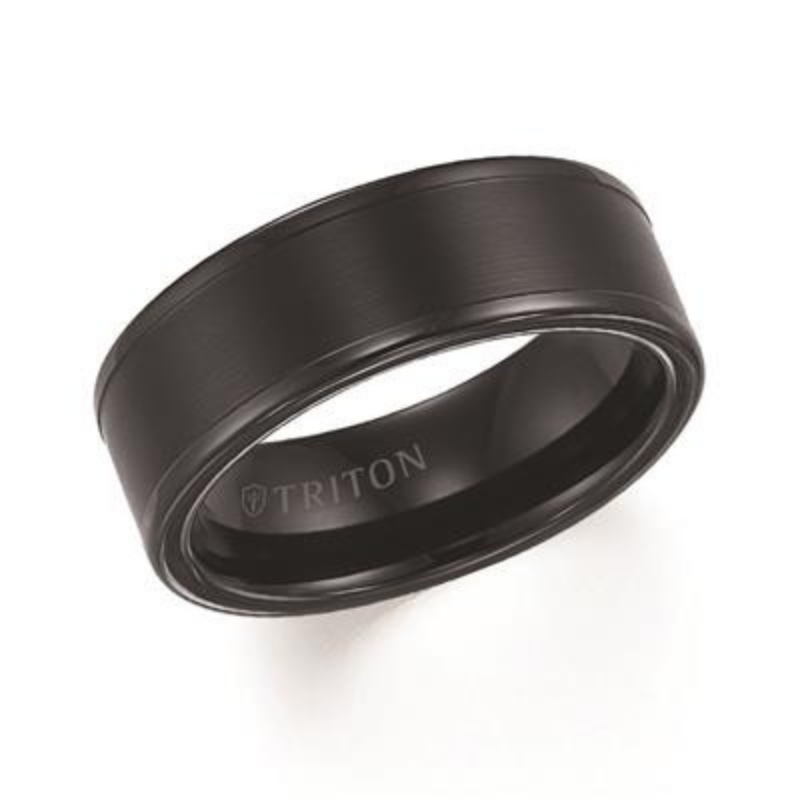 Tilted View of Roll Edge Satin Finish Flat Center Wedding Band.