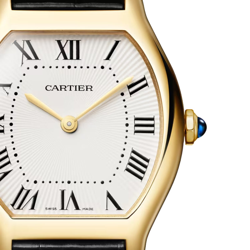 Closeup view of Cartier Tortue Gold Quartz Watch White dial