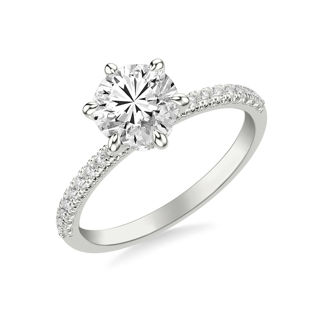 Angle View Classic Diamond Six Prong Engagement Ring with Diamond Collar and Round Diamond Shank in White Gold