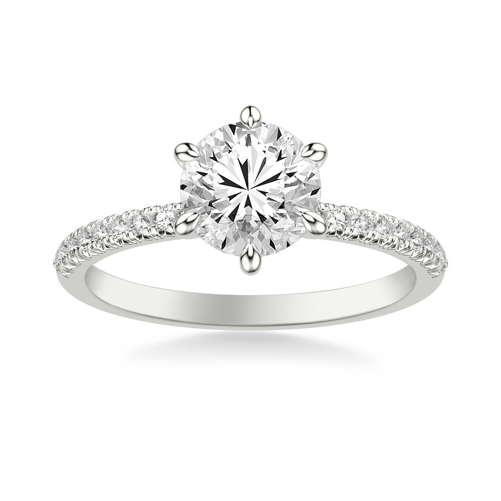 Front View Classic Diamond Six Prong Engagement Ring with Diamond Collar and Round Diamond Shank in White Gold