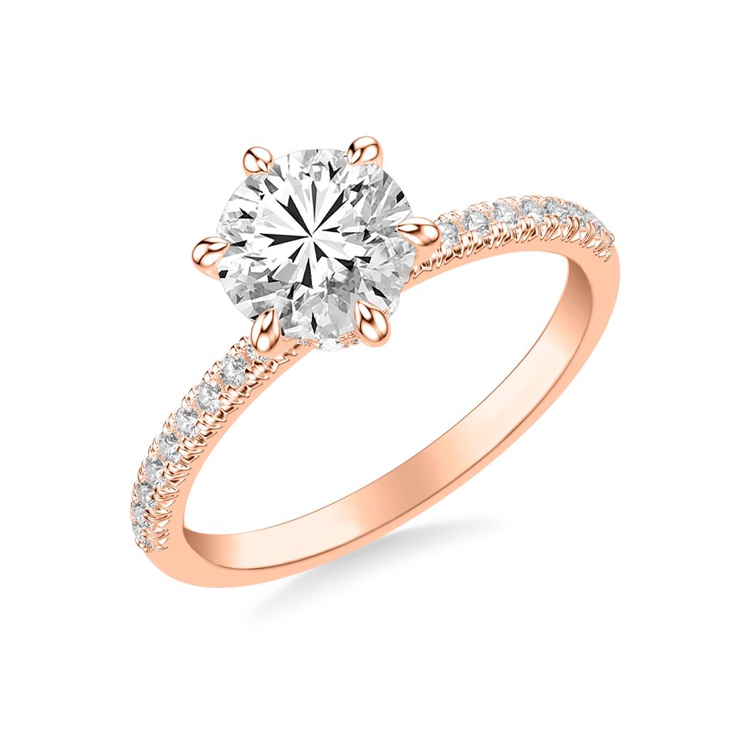 Classic Diamond Six Prong Engagement Ring with Diamond Collar and Round Diamond Shank in Rose Gold