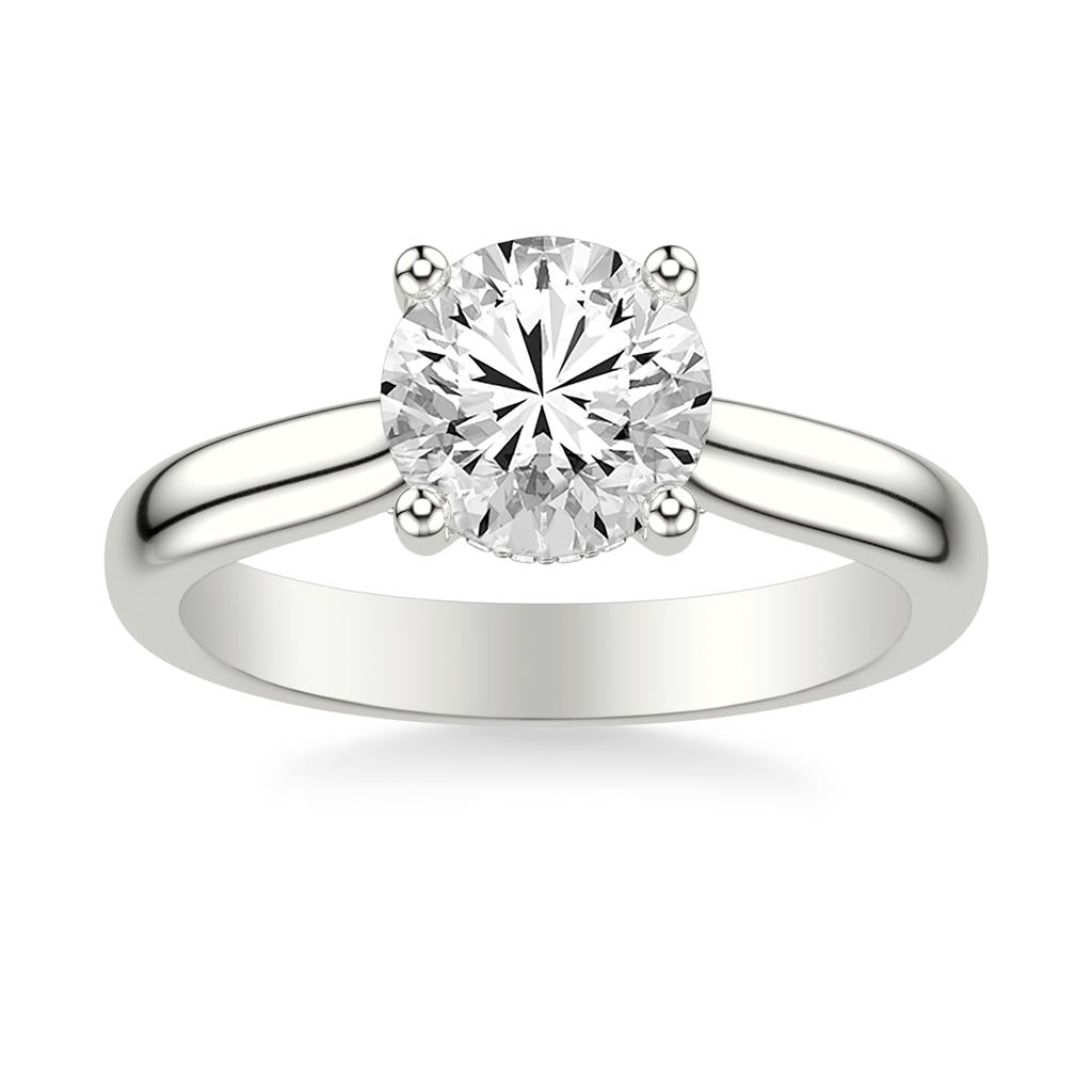 White Gold Classic Solitaire Engagement Ring with Hidden Halo and Diamond Bridge