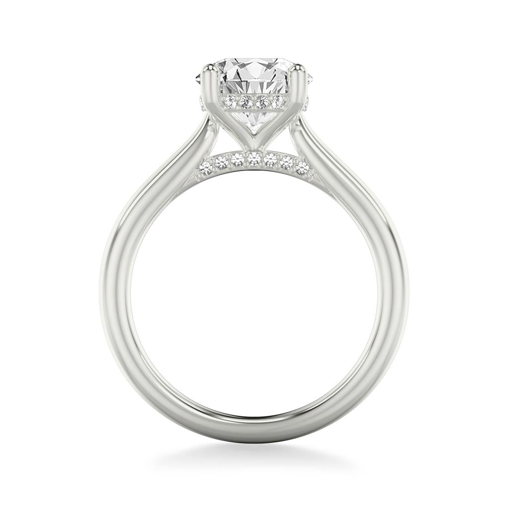 Side View of Classic Solitaire Engagement Ring with Hidden Halo and Diamond Bridge in White Gold